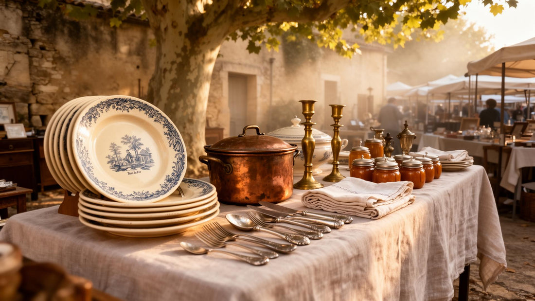 An outdoor brocante market in Provence with antique tableware and copper