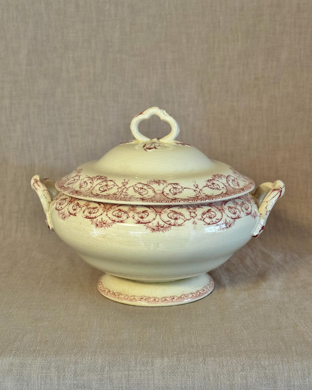 Antique French Terre de Fer Tureen, Red Transferware Soup Tureen