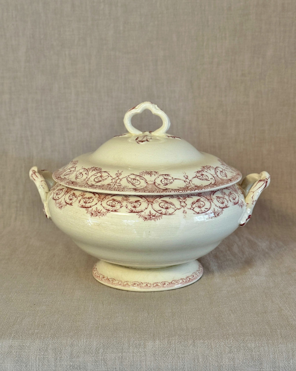 Antique French Terre de Fer Tureen, Red Transferware Soup Tureen