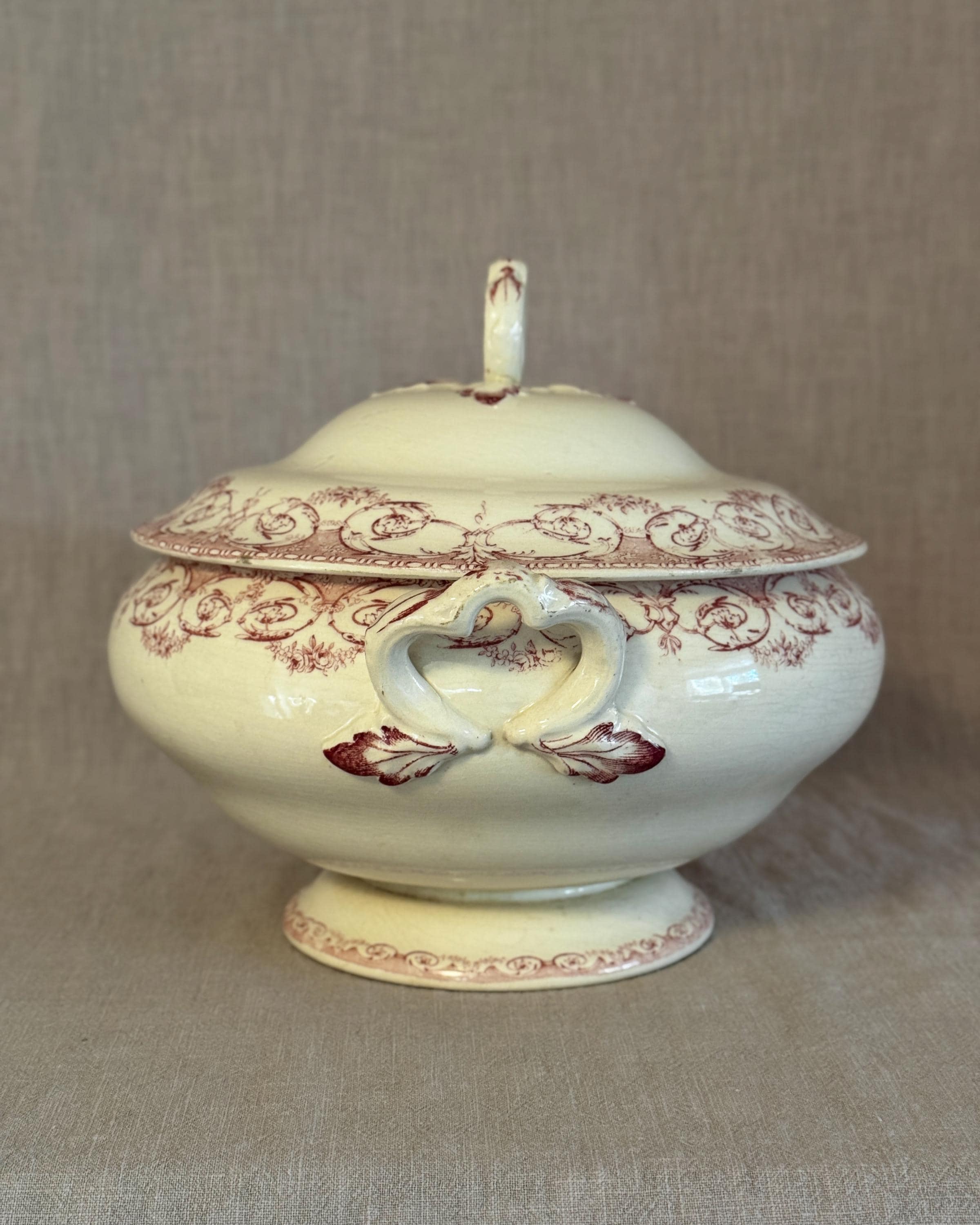 Antique French Terre de Fer Tureen, Red Transferware Soup Tureen