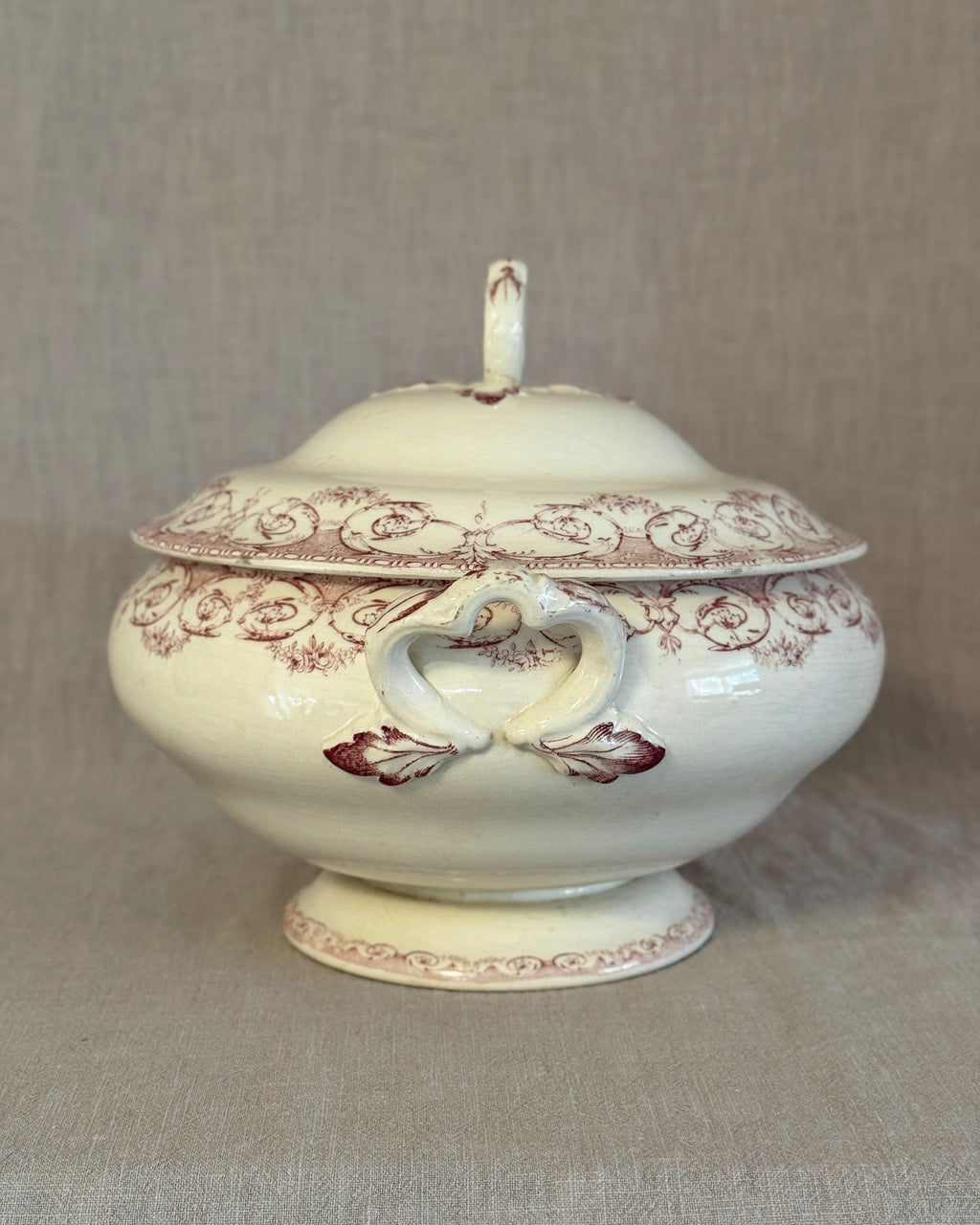 Antique French Terre de Fer Tureen, Red Transferware Soup Tureen
