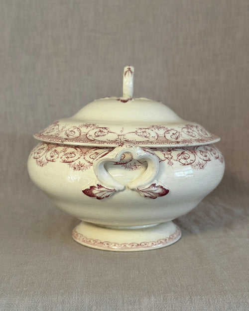 Antique French Terre de Fer Tureen, Red Transferware Soup Tureen