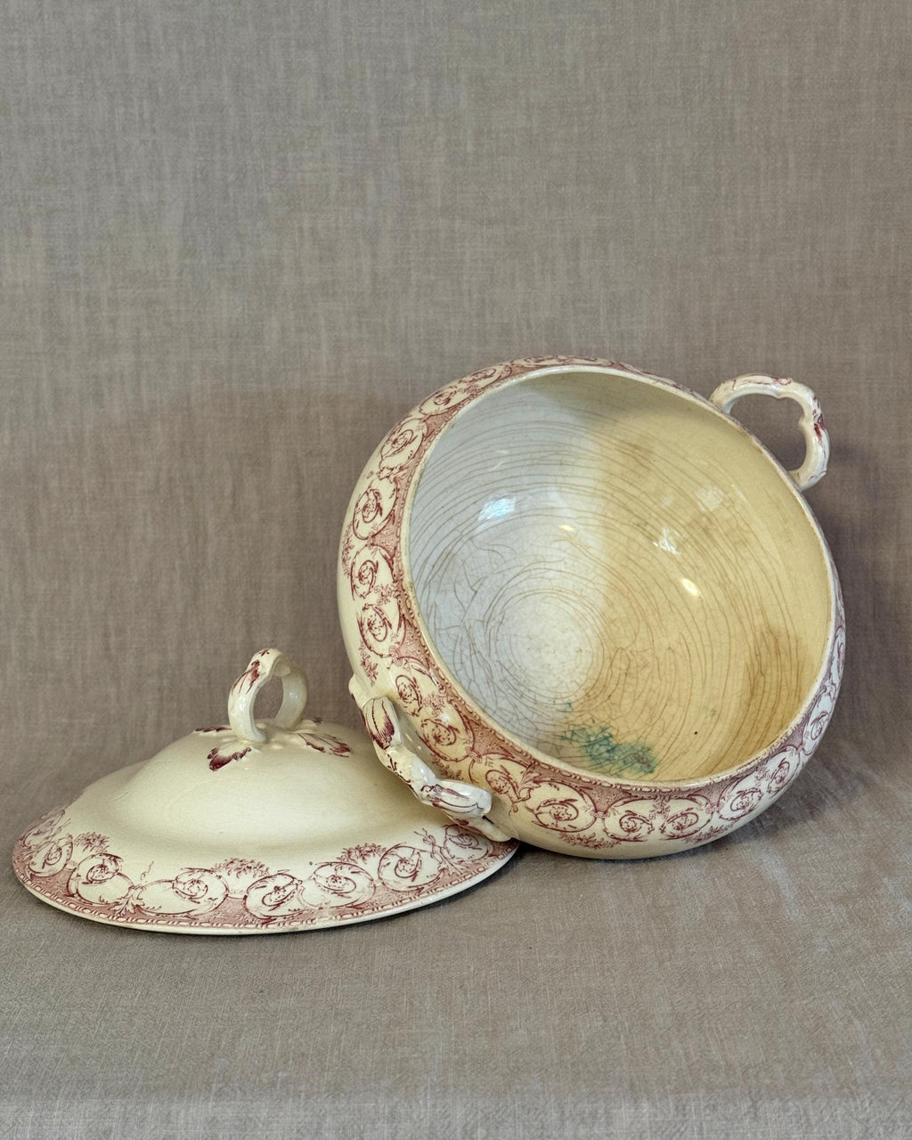 Antique French Terre de Fer Tureen, Red Transferware Soup Tureen