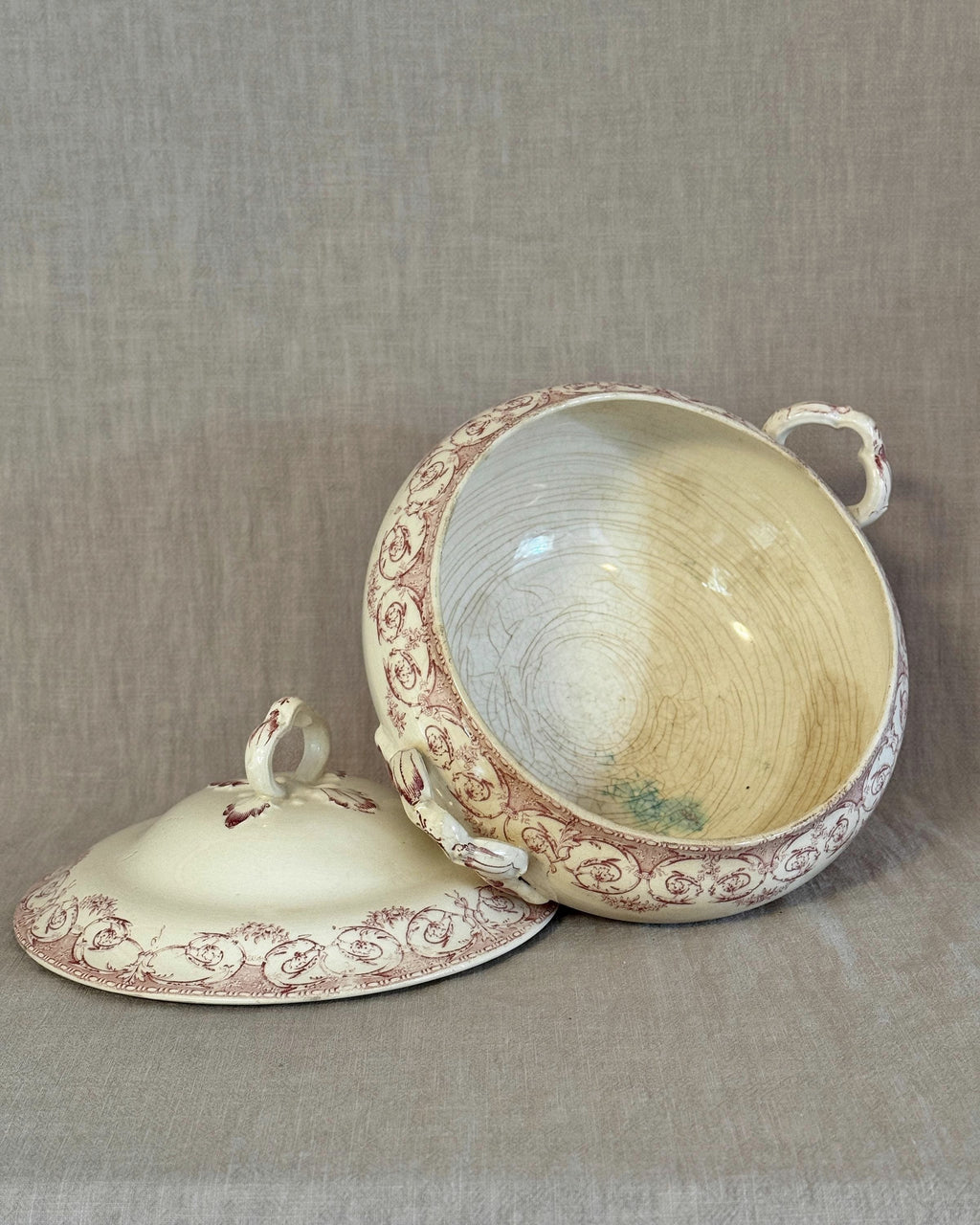Antique French Terre de Fer Tureen, Red Transferware Soup Tureen