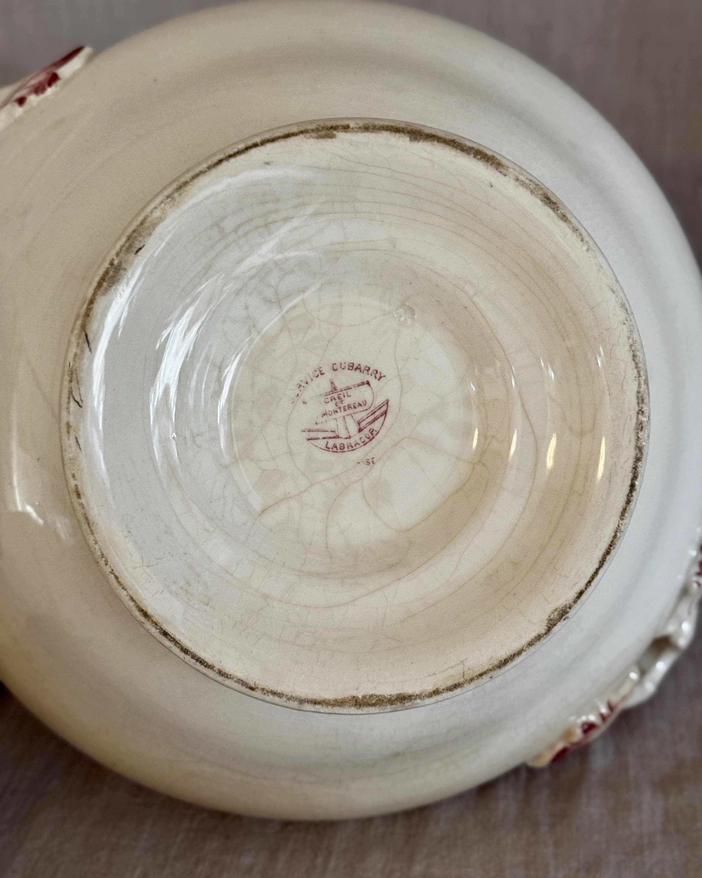 Antique French Terre de Fer Tureen, Red Transferware Soup Tureen