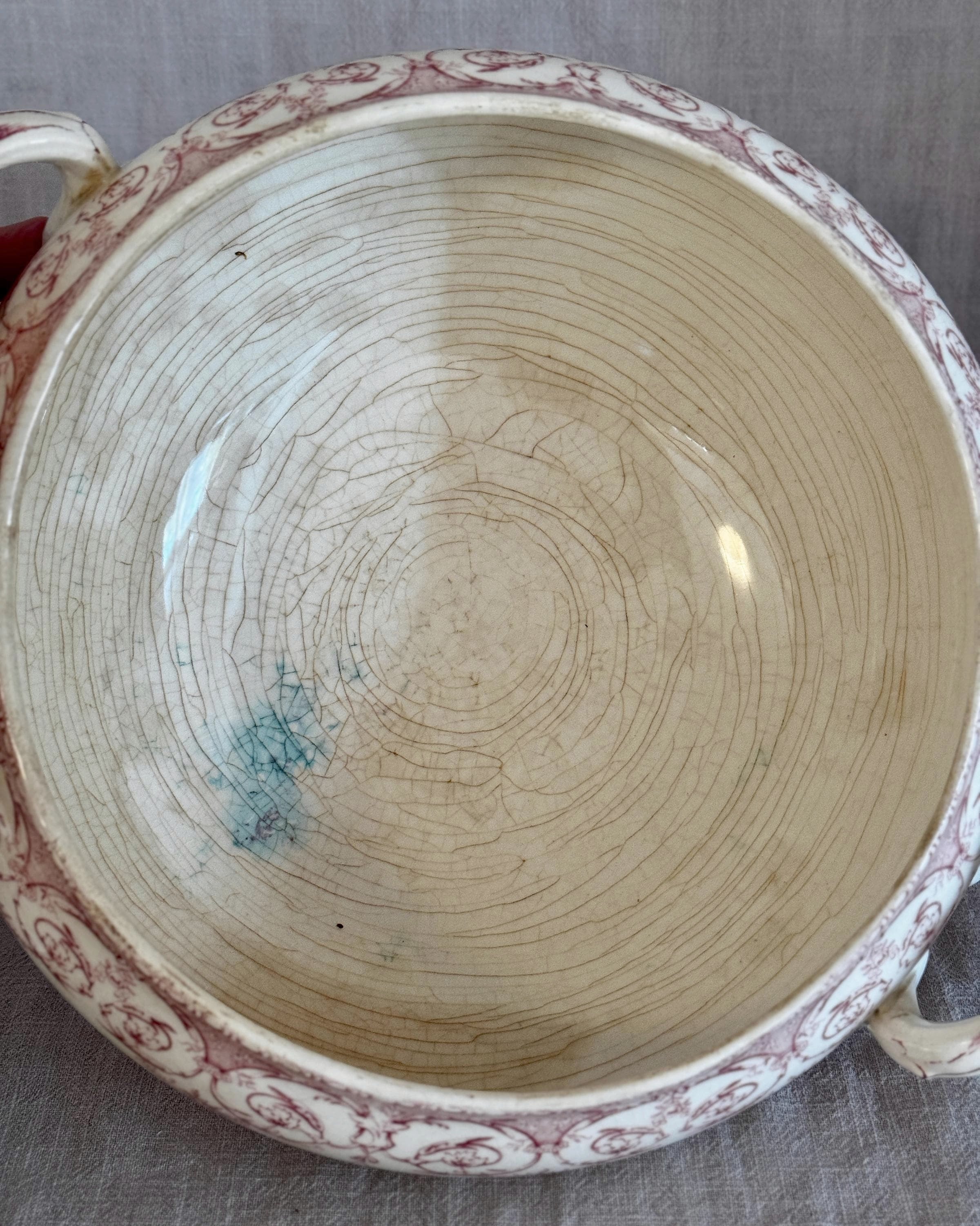 Antique French Terre de Fer Tureen, Red Transferware Soup Tureen