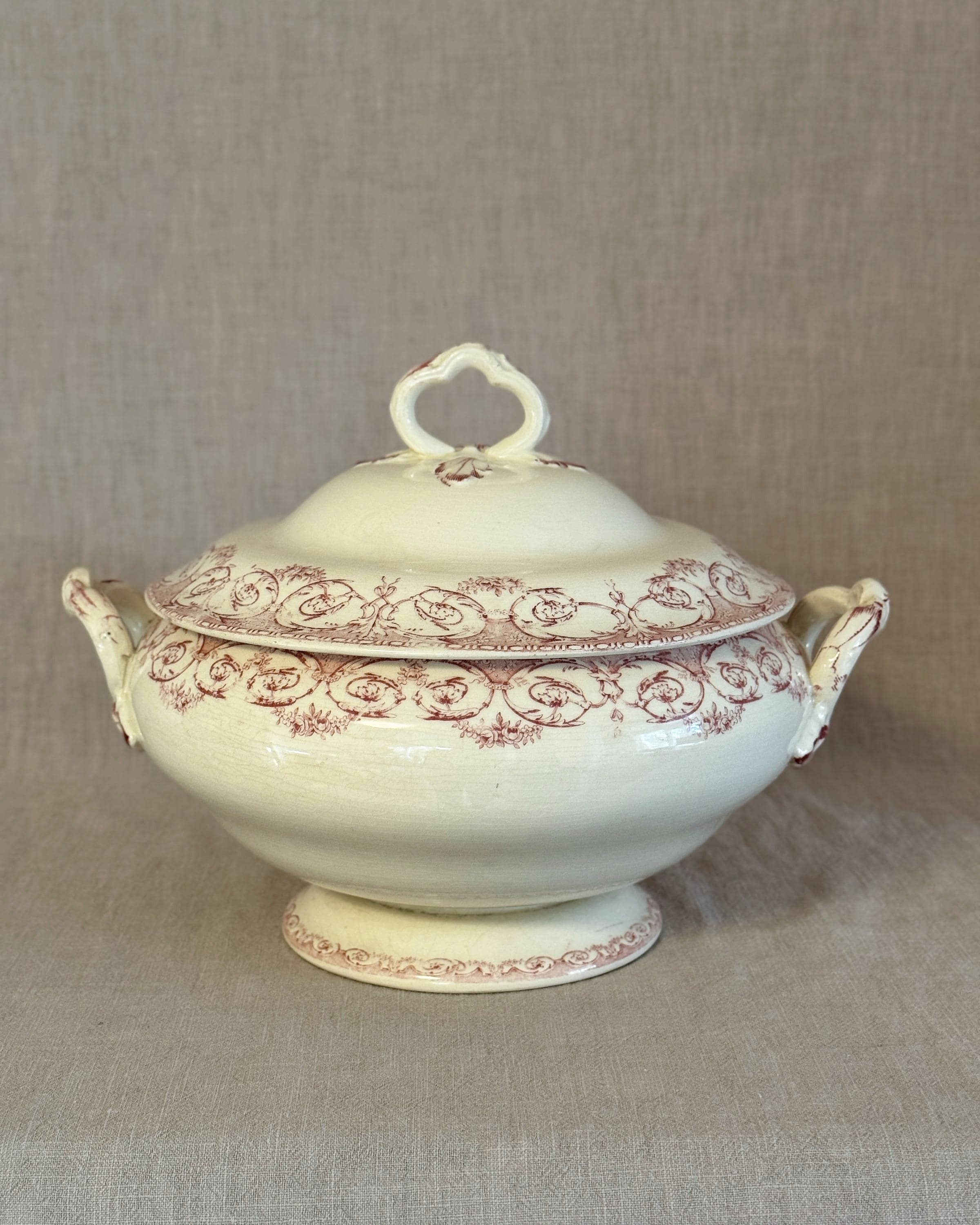 Antique French Terre de Fer Tureen, Red Transferware Soup Tureen