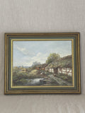 Vintage Swedish oil painting of a thatched half-timbered farmstead with hens and a pond, in a grey-green and gilt frame