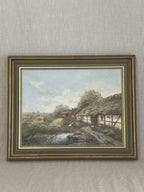 Vintage Swedish oil painting of a thatched half-timbered farmstead with hens and a pond, in a grey-green and gilt frame