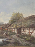 Close view of the thatched half-timbered range, red cottage and hens in the Swedish farmstead oil painting