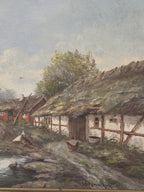 Close view of the thatched half-timbered range, red cottage and hens in the Swedish farmstead oil painting