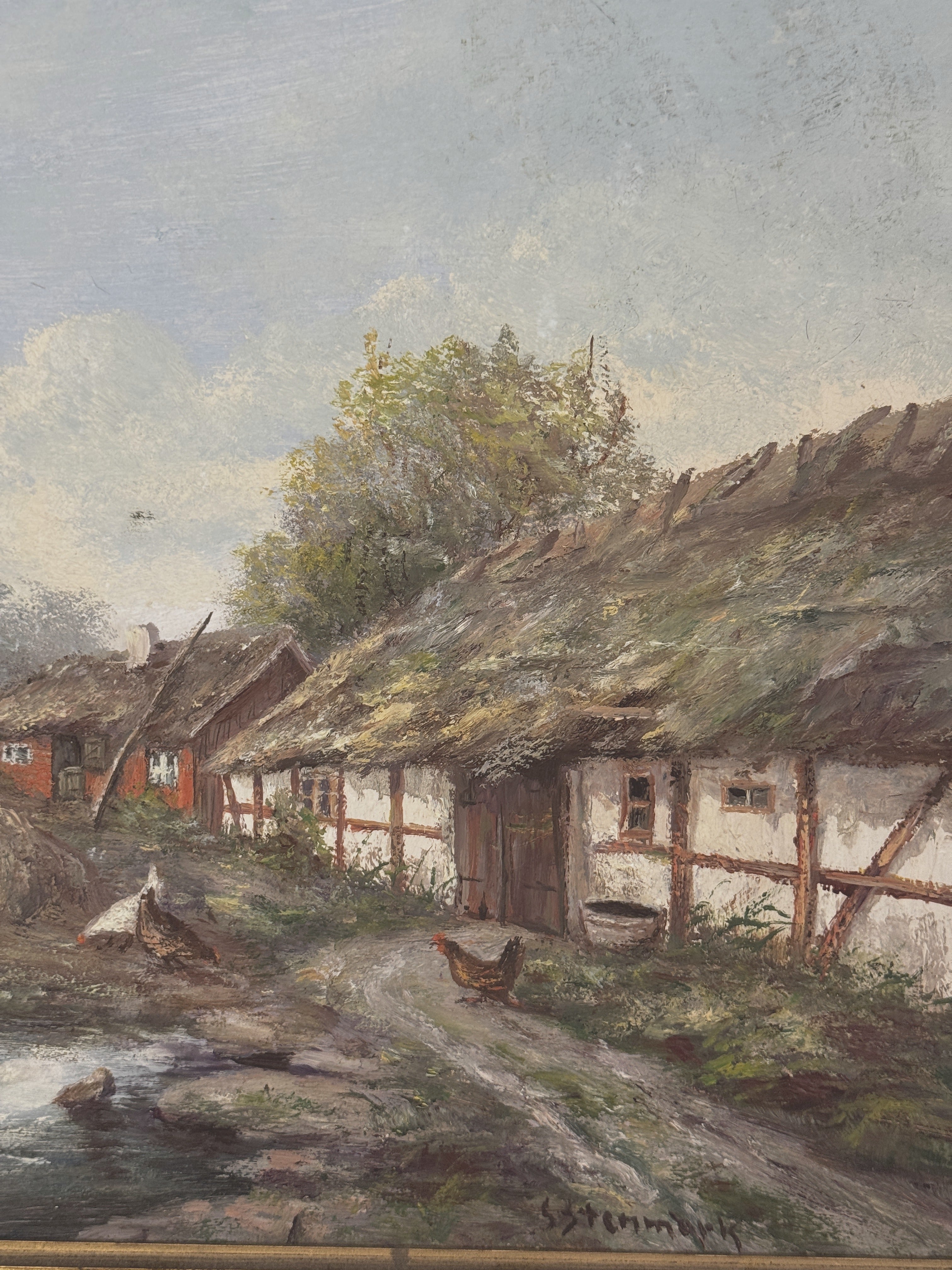 Close view of the thatched half-timbered range, red cottage and hens in the Swedish farmstead oil painting