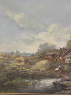 Detail of the haystacks, reed-fringed pond and grey-blue sky in the Swedish landscape oil painting