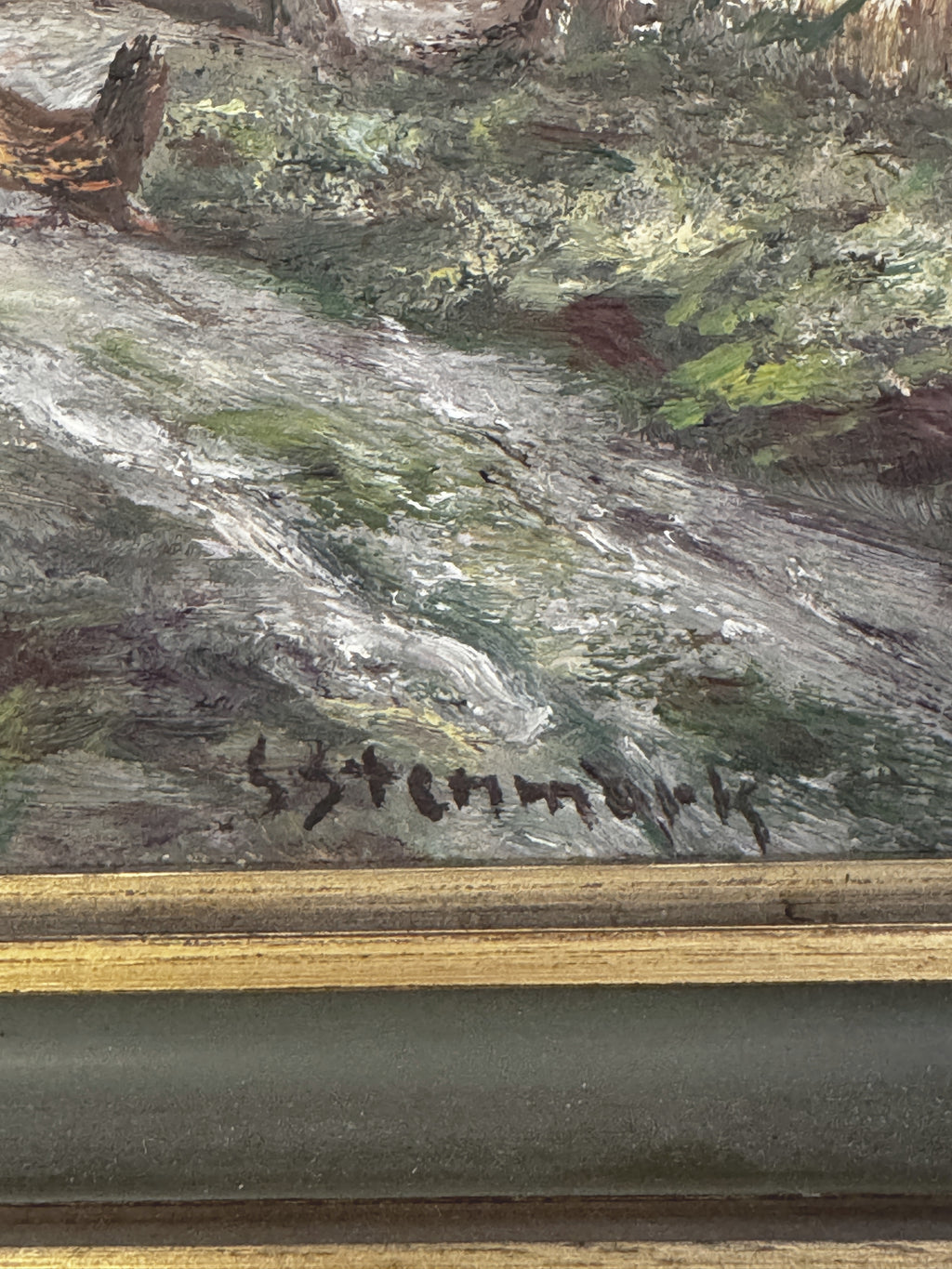 Signature S. Stenmark painted in the lower right corner of the Swedish farmstead oil painting