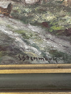 Signature S. Stenmark painted in the lower right corner of the Swedish farmstead oil painting