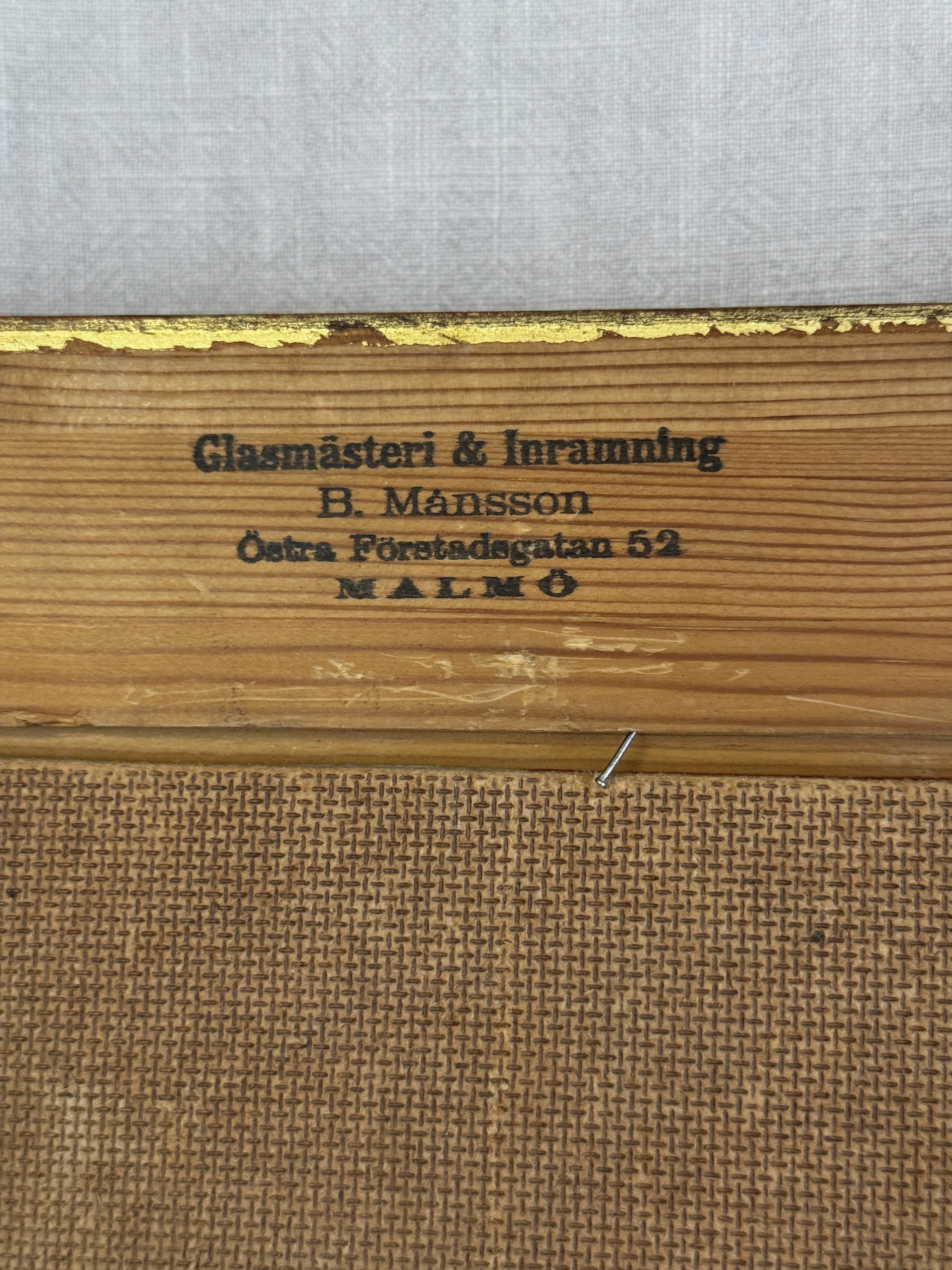 Framer's stamp Glasmasteri och Inramning B. Mansson, Ostra Forstadsgatan 52, Malmo on the painting's reverse
