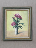 Vintage French oil painting of two pink peonies in a white vase, in a grey-green and cream painted frame