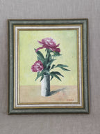 Vintage French oil painting of two pink peonies in a white vase, in a grey-green and cream painted frame