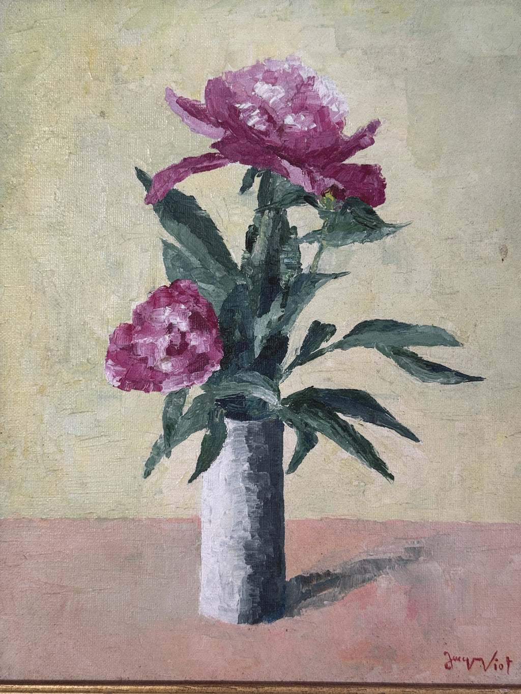 Close view of the carmine and rose-pink peonies and dark green leaves in the French still life oil painting