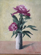 Close view of the carmine and rose-pink peonies and dark green leaves in the French still life oil painting