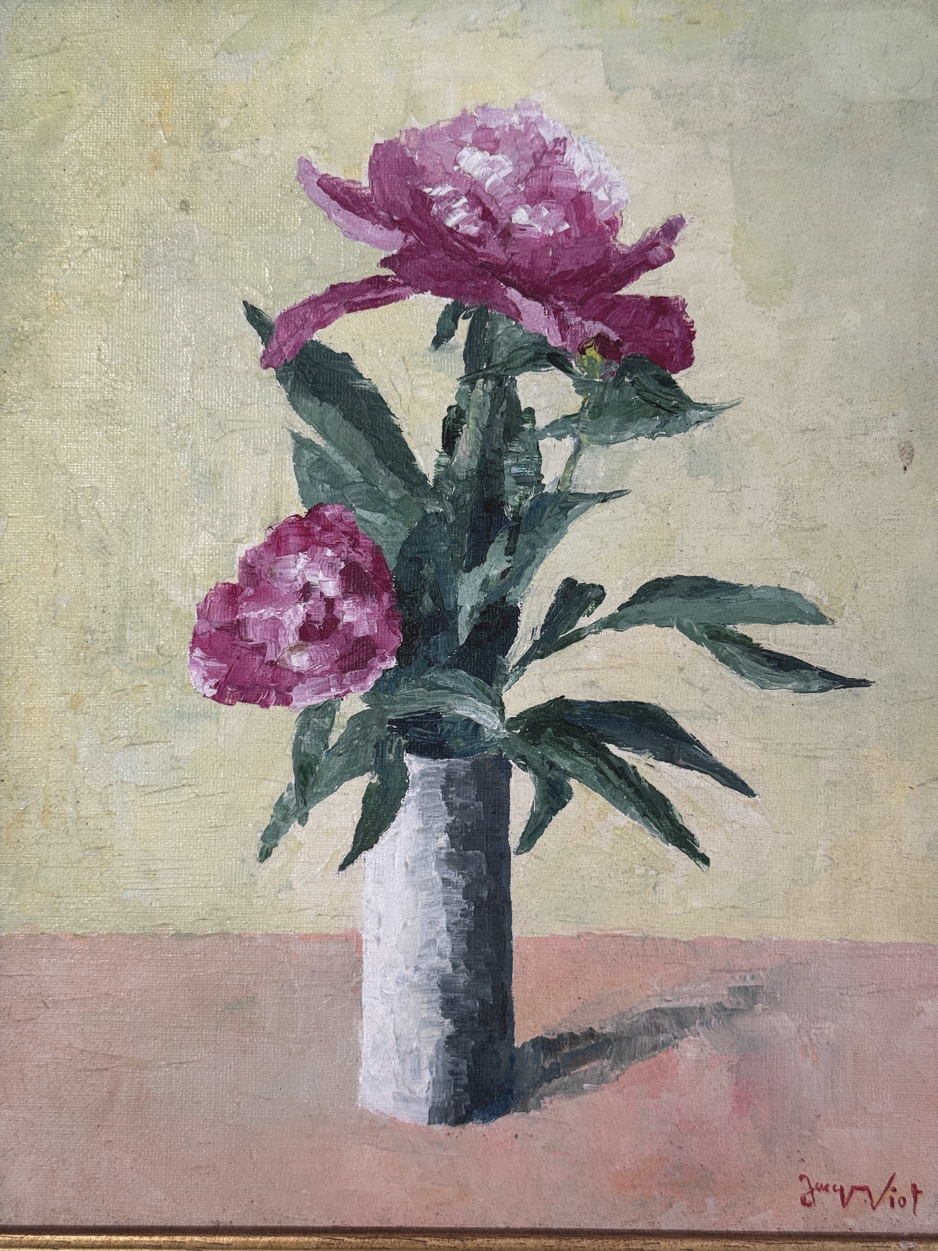 Close view of the carmine and rose-pink peonies and dark green leaves in the French still life oil painting