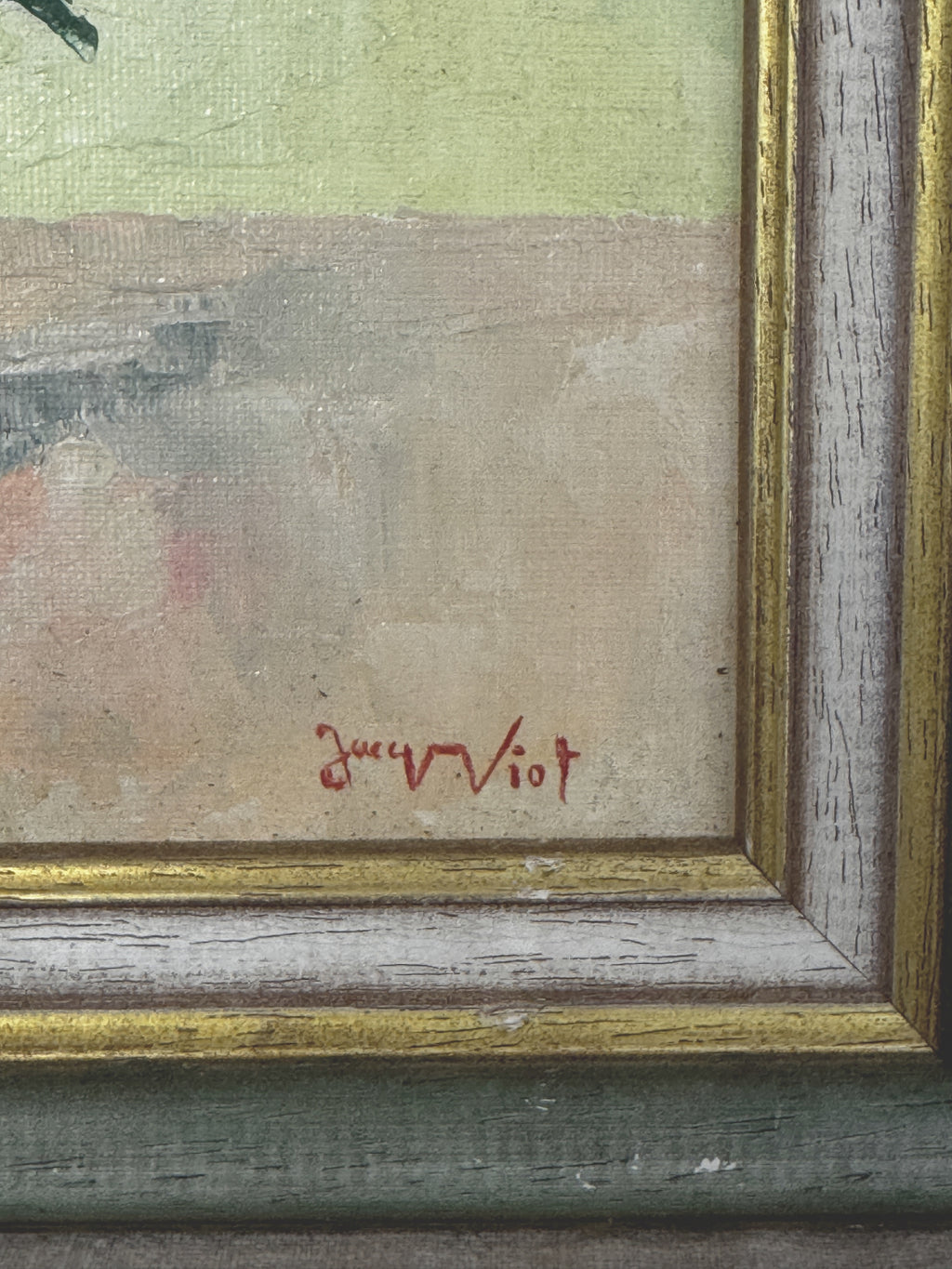 Signature in rust red paint at the lower right of the French peony still life, beside the gilt frame edge
