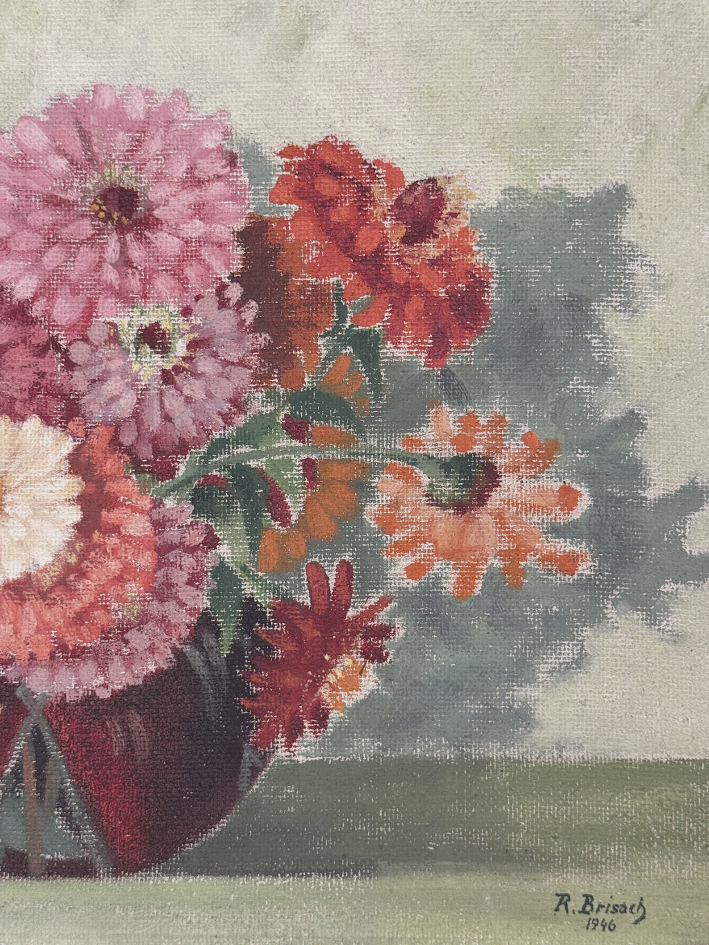 Close view of the pink, coral and deep red zinnias and dahlias in the French still life oil painting
