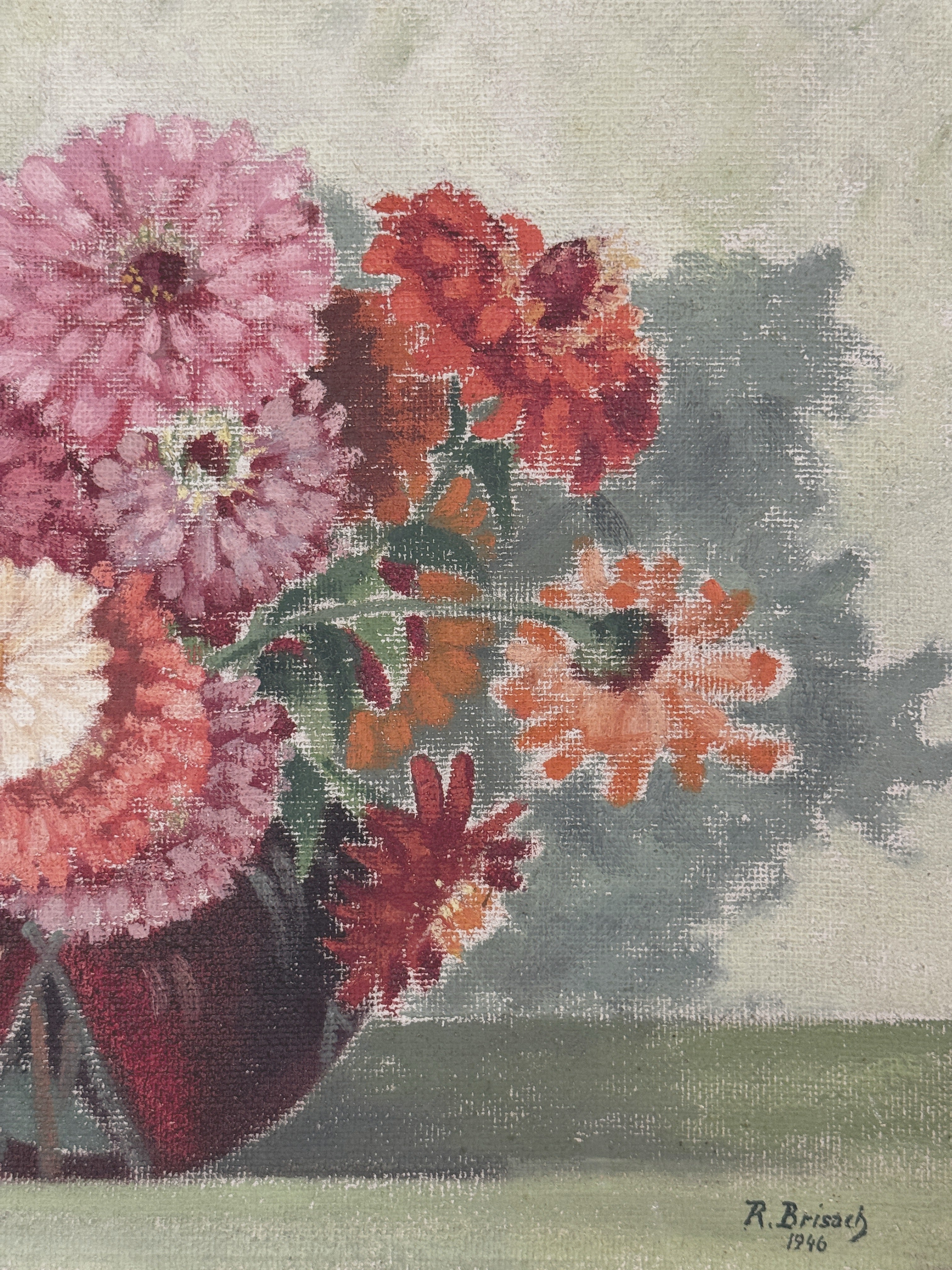 Close view of the pink, coral and deep red zinnias and dahlias in the French still life oil painting