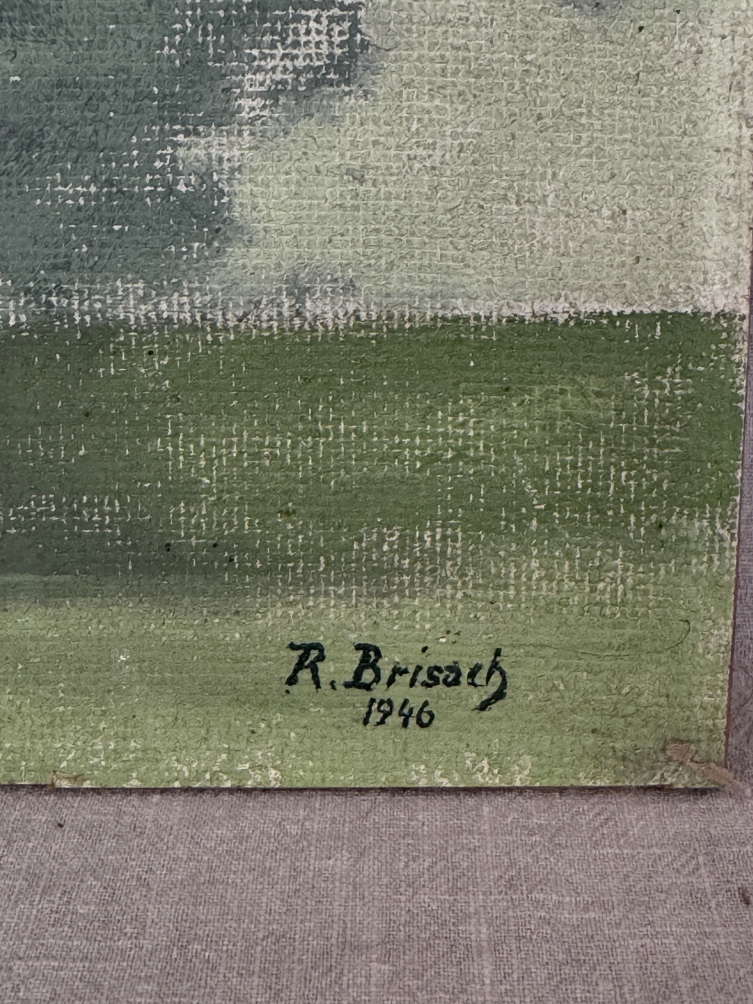 Signature R. Brisach and the date 1946 painted in the lower right of the French flower still life