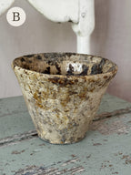 Resin pot B, speckled ochre terracotta with resin patina, side view