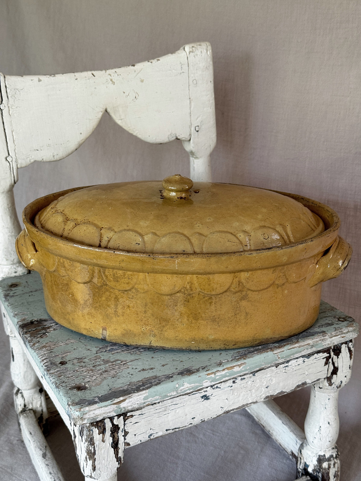 Antique French yellow glazed oval terrine with lid