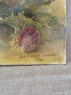 Close view of the lower right of the painting showing the signature Andree Andre-Reymond and the date 1956 written in dark paint on the ochre tabletop