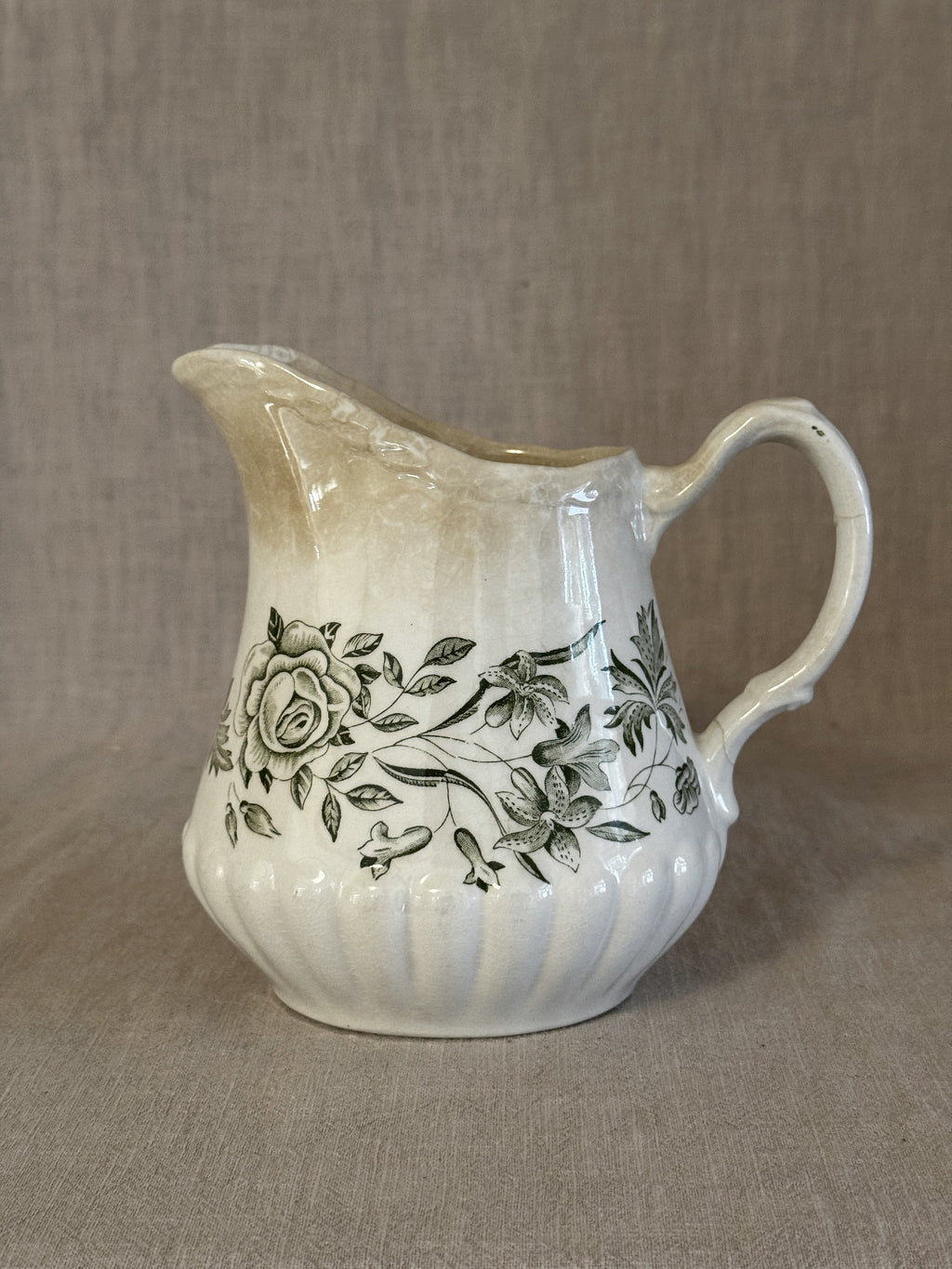Grindley Springtime fluted jug printed in green with roses, Staffordshire