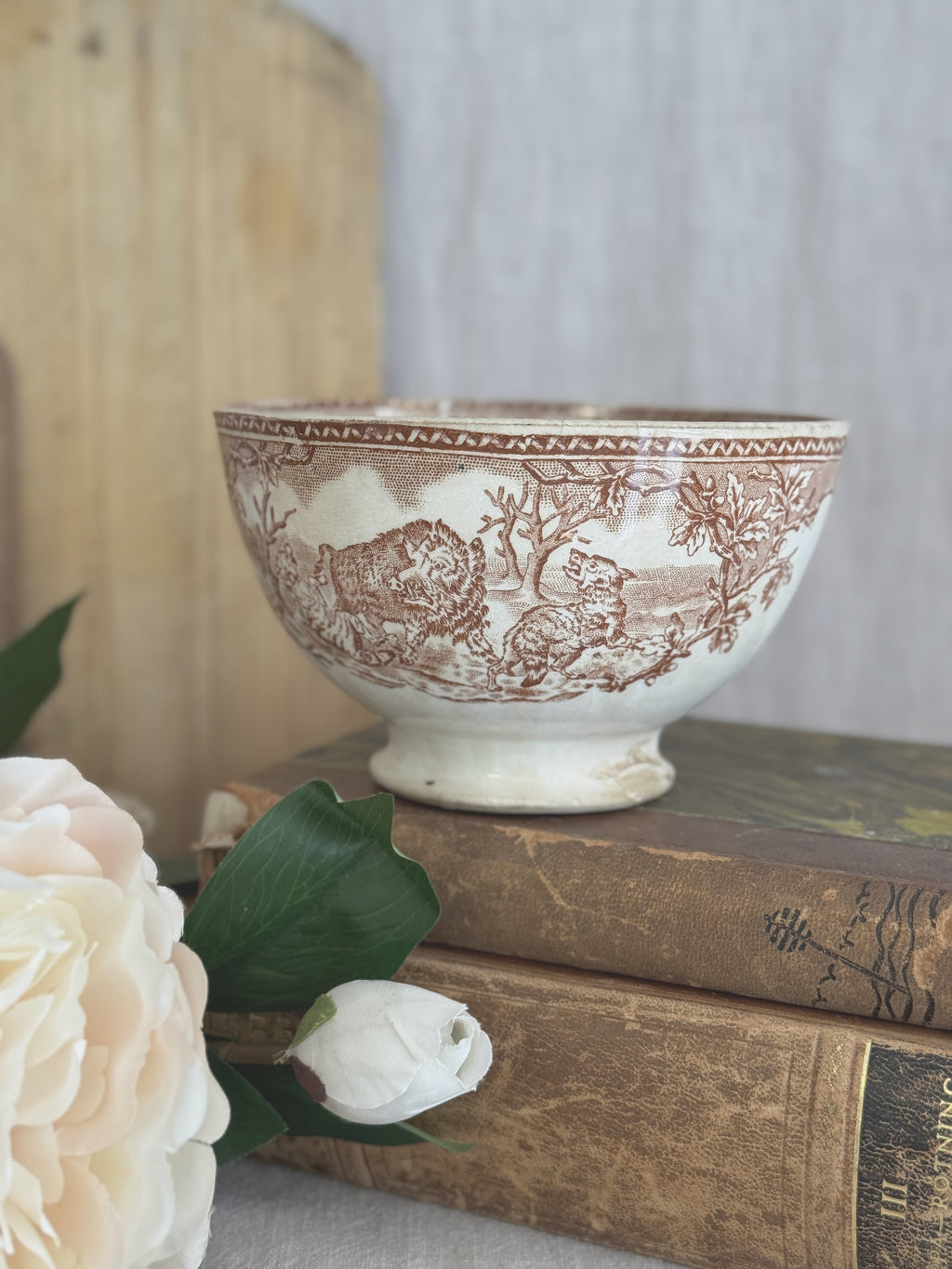 The savannah animal bowl seen on antique books from a slightly different angle