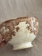 The bowl held in hand showing antelope and trees in the printed band