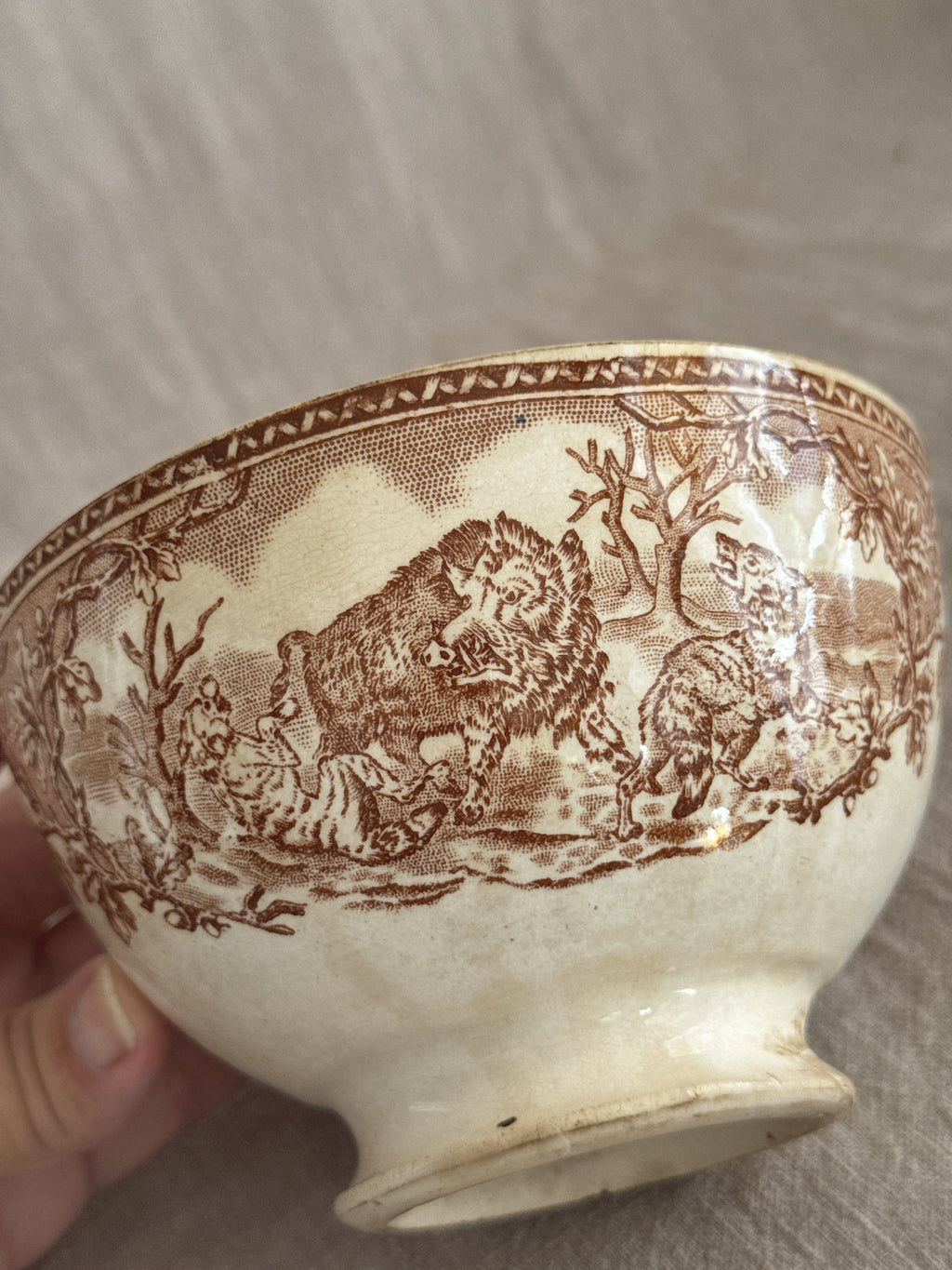 Close view of the transfer band showing a warthog and grasses in brown print