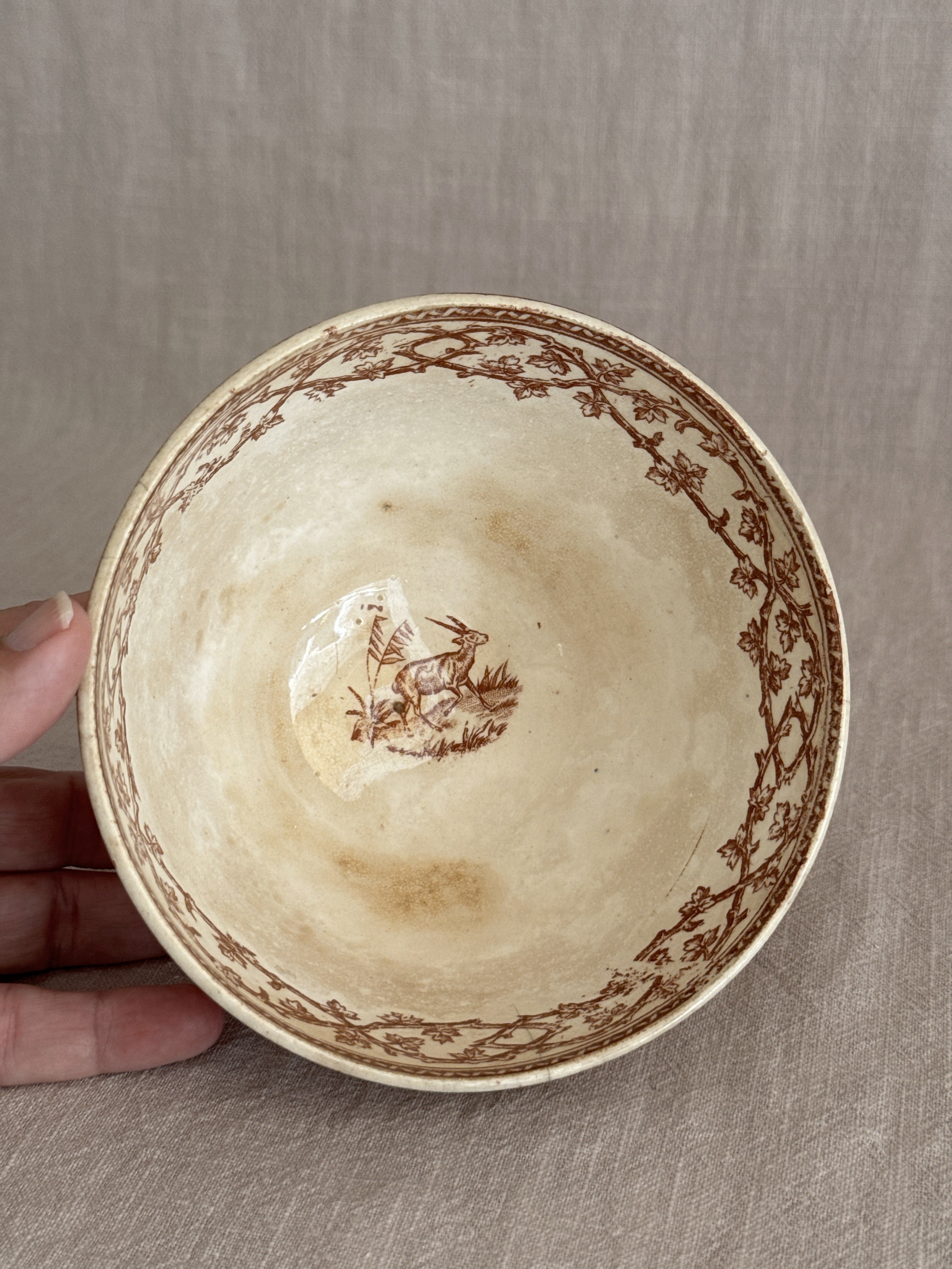 Looking into the bowl interior with the printed rim border and small animal in the well