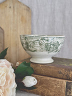 Boch Frères Aéroplane bowl in green transferware, styled on antique books with a peony and a bread board
