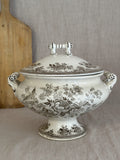 Antique Swedish footed soup tureen in brown transferware with pheasant and peony print, lid in place