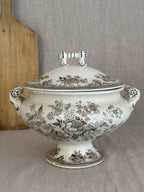 Antique Swedish footed soup tureen in brown transferware with pheasant and peony print, lid in place