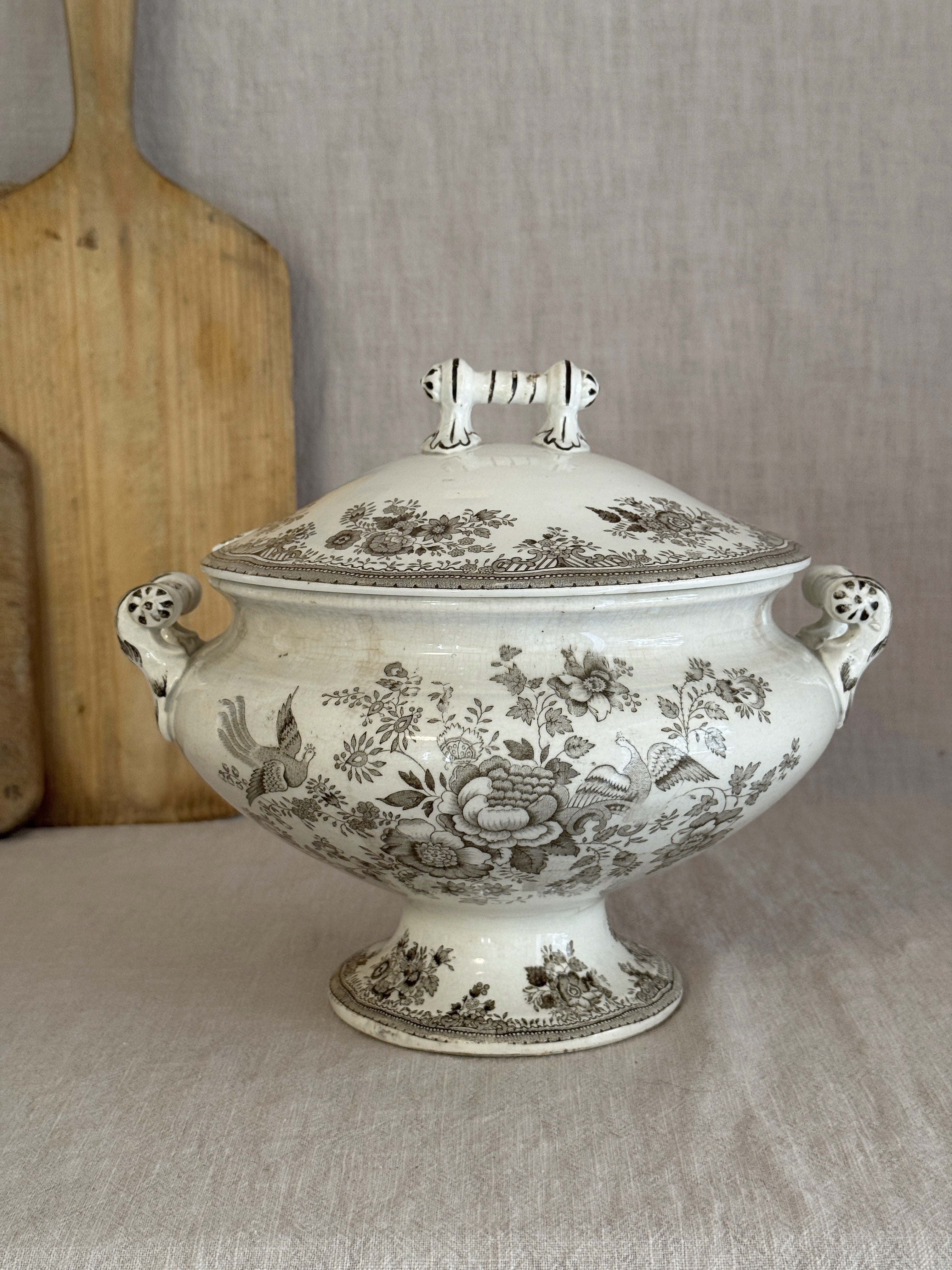 Brown transferware tureen with its original lid, birds among peonies, on a linen-covered table