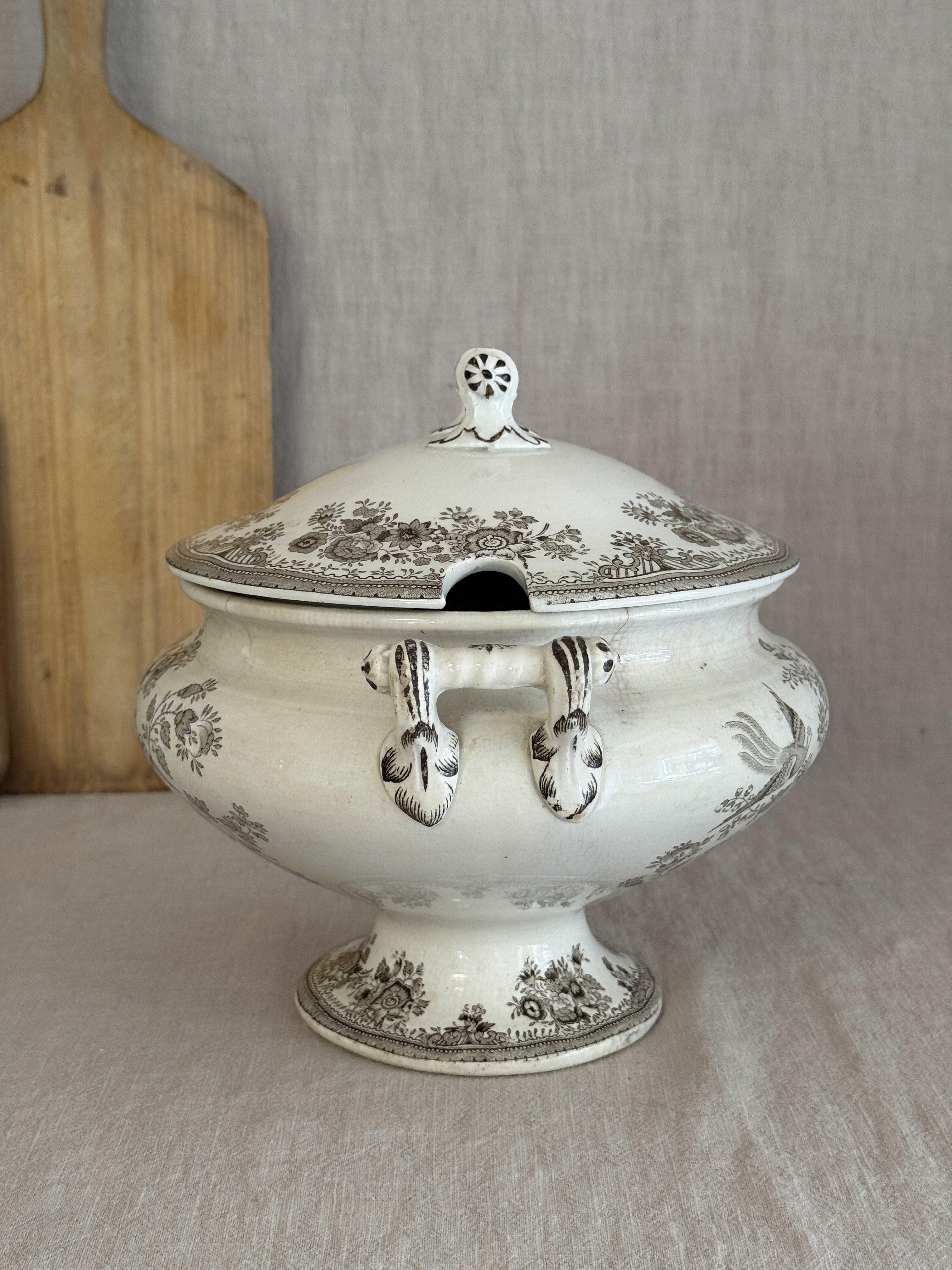 Antique Swedish transferware tureen with the lid set slightly open, showing the notch in the rim