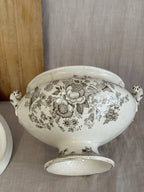 Close view of the brown pheasant and peony transfer across the body of the footed Swedish tureen