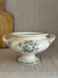 Antique Swedish Anna pedestal bowl in blue-green transferware, seen from the side with its two scrolled handles