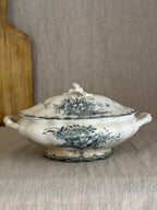 Antique Swedish Anna covered tureen in teal transferware, lid in place, on a linen cloth