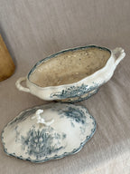 Antique Swedish Anna tureen with the lid lifted off and set beside the earthenware body