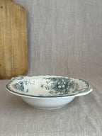 Antique Swedish Anna serving bowl in teal transferware seen from the side on linen