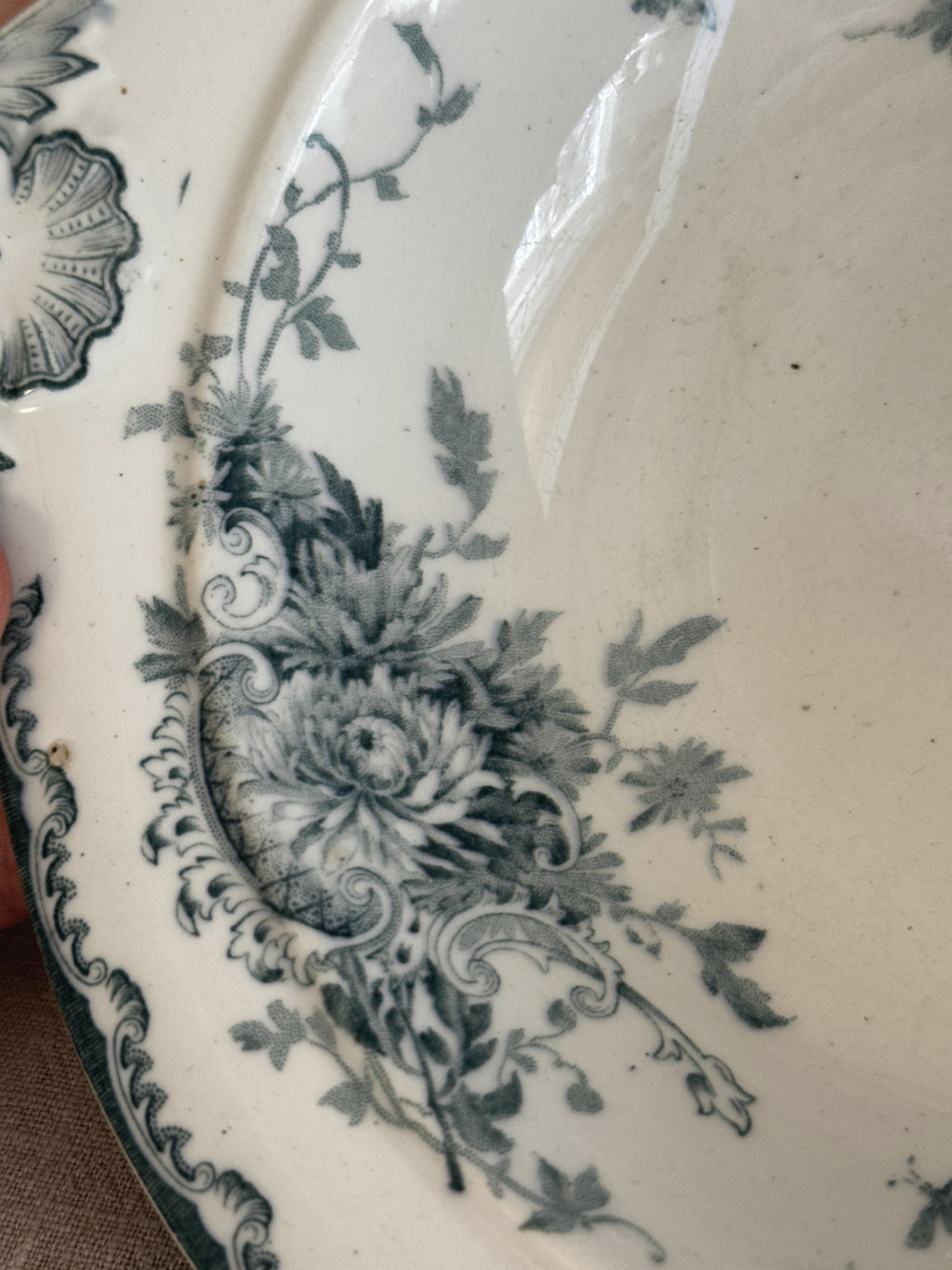 Detail of the chrysanthemum transfer bouquet inside the Swedish earthenware bowl