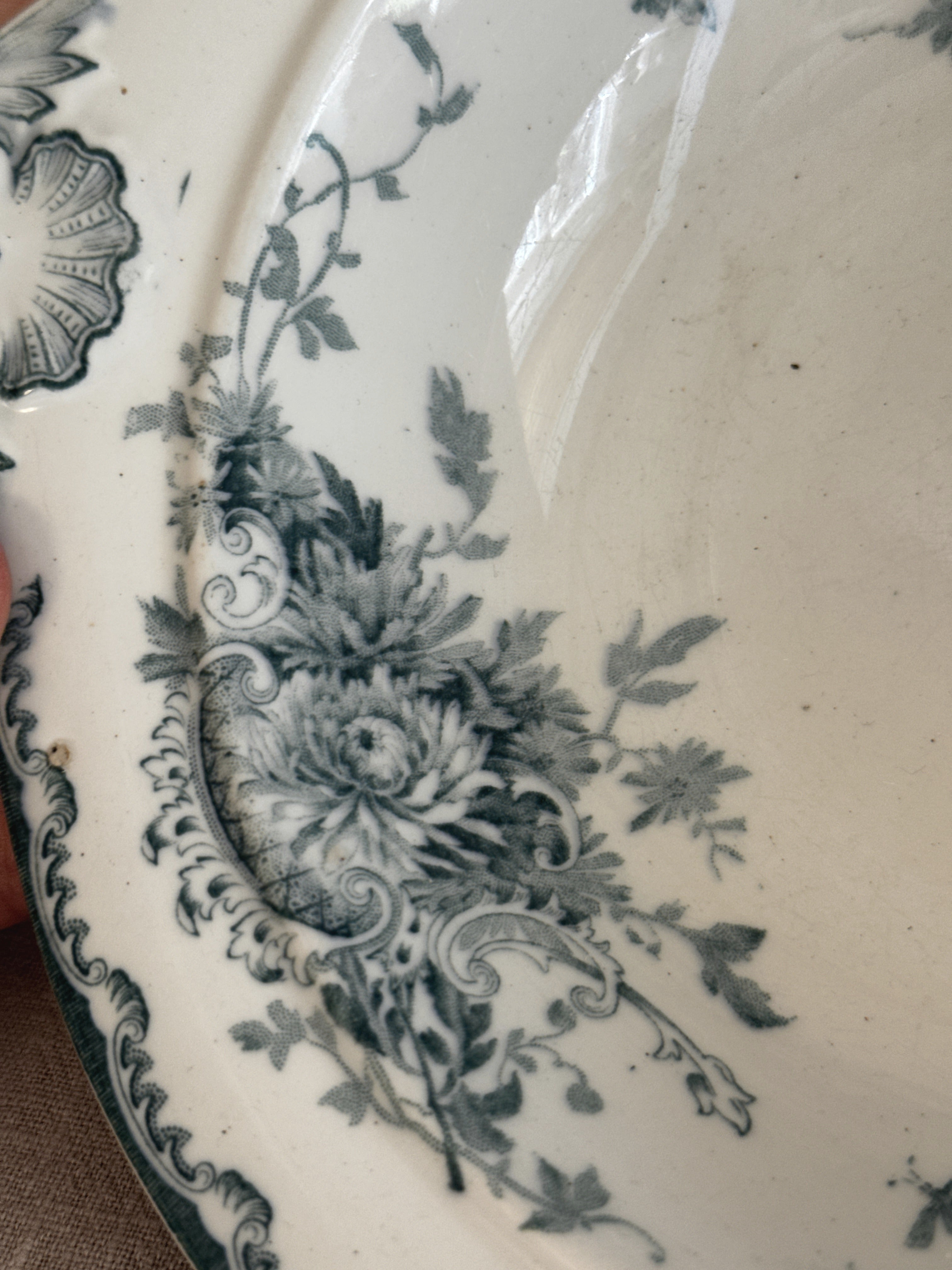 Detail of the chrysanthemum transfer bouquet inside the Swedish earthenware bowl