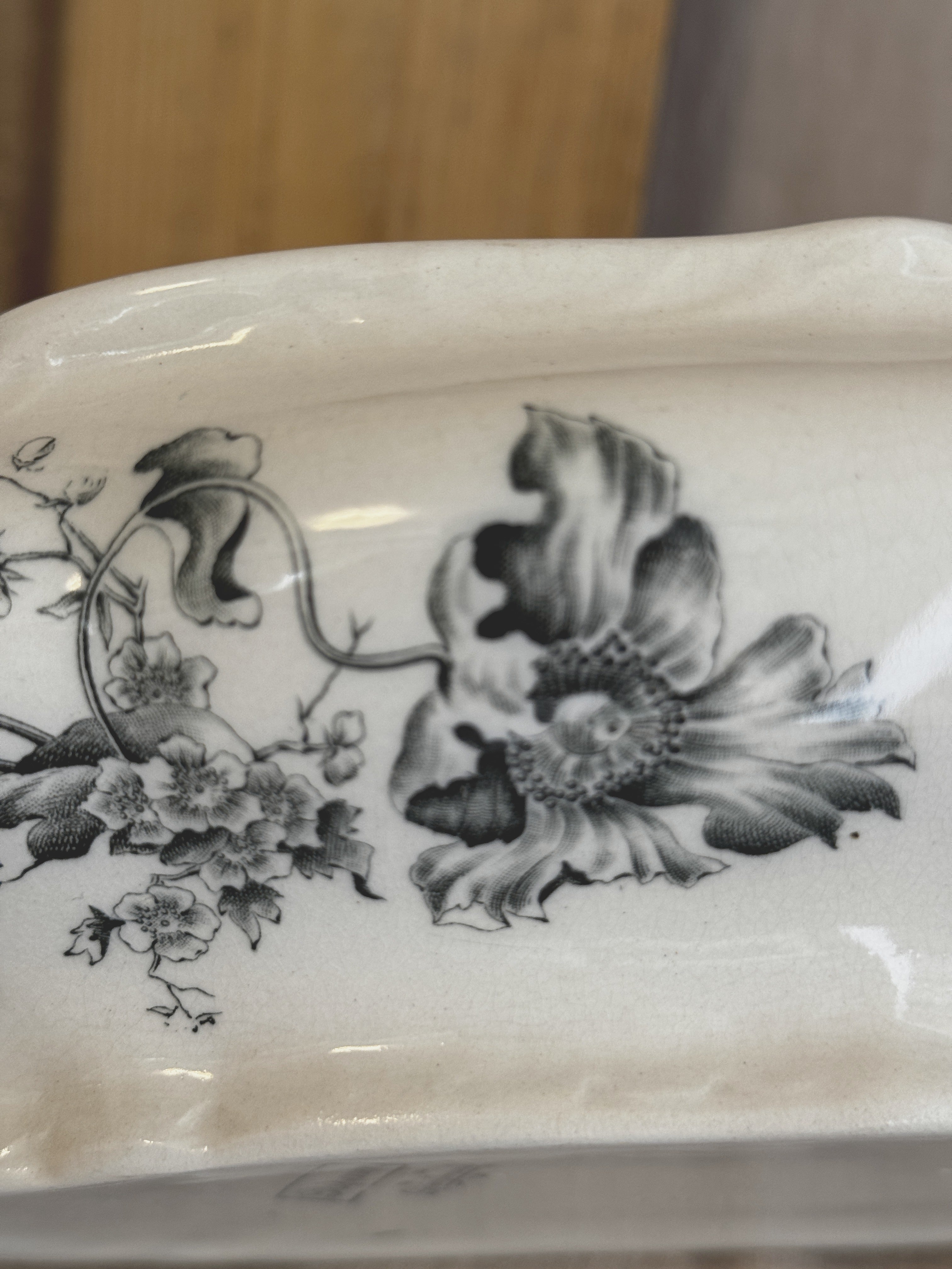 Close-up of the Papaver poppy transfer print in grey-green on the Rörstrand bowl
